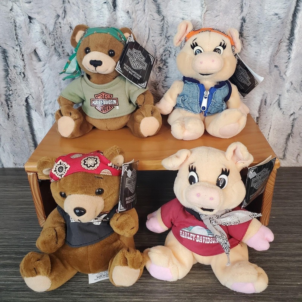 4 VTG HARLEY DAVIDSON BIKER PIGS Bean Filled Plush W/ Tags - 2 Boys, ‎ 2 Girls